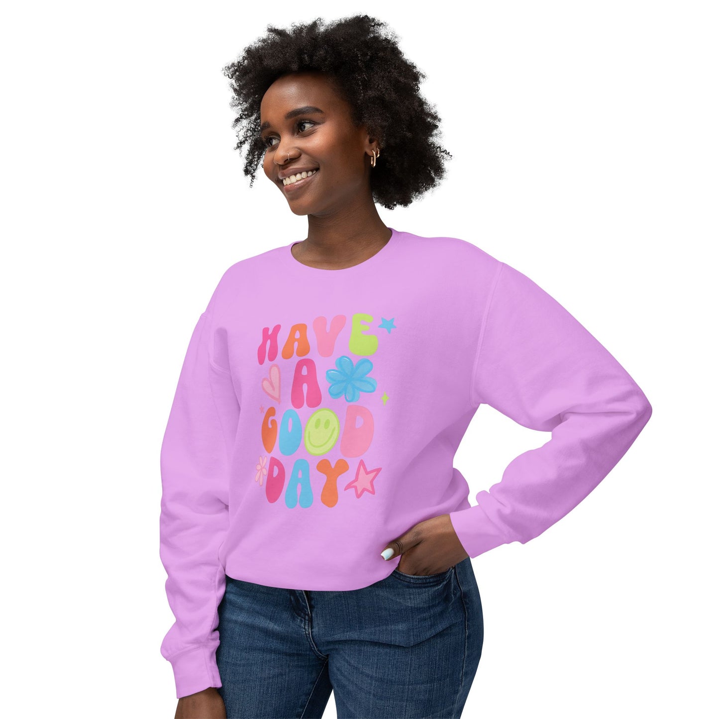 Happy Vibes Sweatshirt: Unisex Lightweight Crewneck, Casual Wear, Gift for Friends, Birthday, Everyday Comfort, Positive Message
