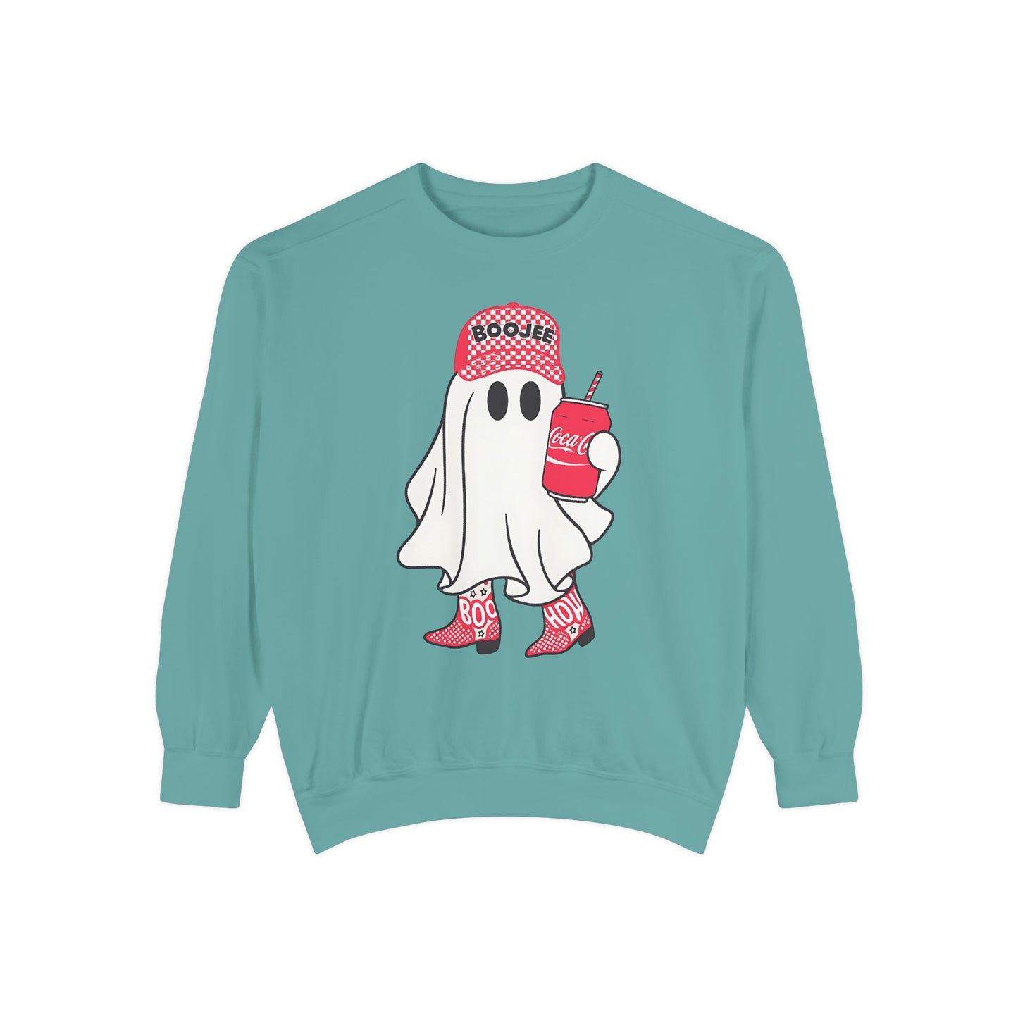 Boojee Ghost Comfort Colors® Sweatshirt – Coca-Cola Red Hat & Boots Halloween Oversized Crewneck