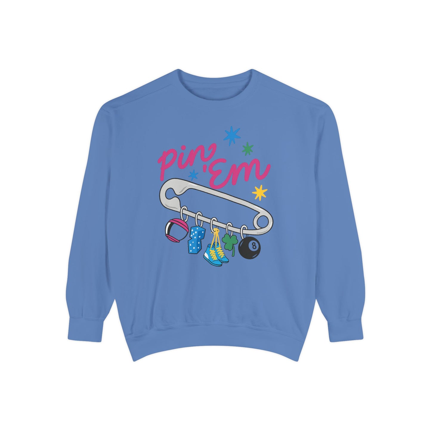 Pin ’Em Comfort Colors® Sweatshirt – Retro Safety Pin Charm Crewneck