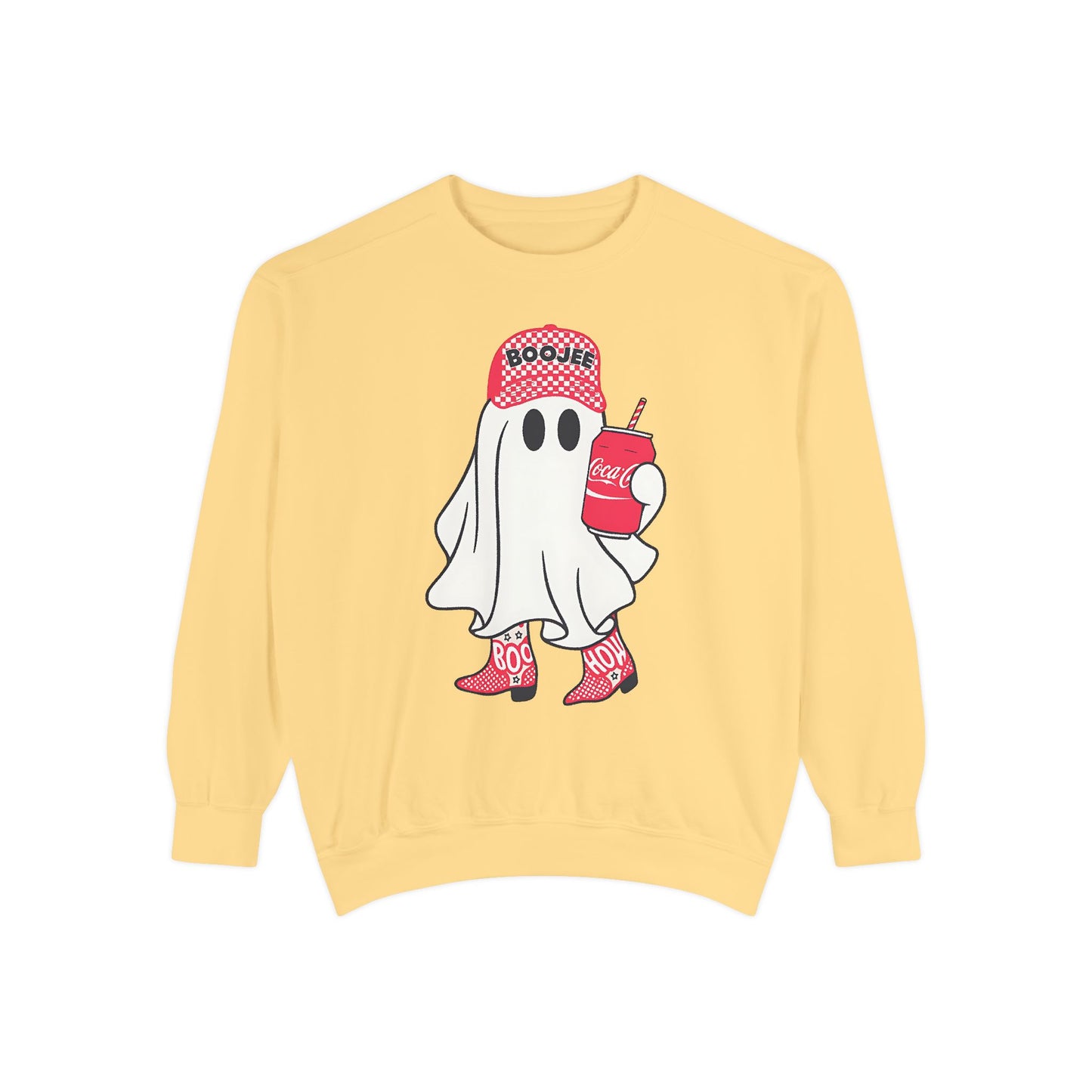 Boojee Ghost Comfort Colors® Sweatshirt – Coca-Cola Red Hat & Boots Halloween Oversized Crewneck