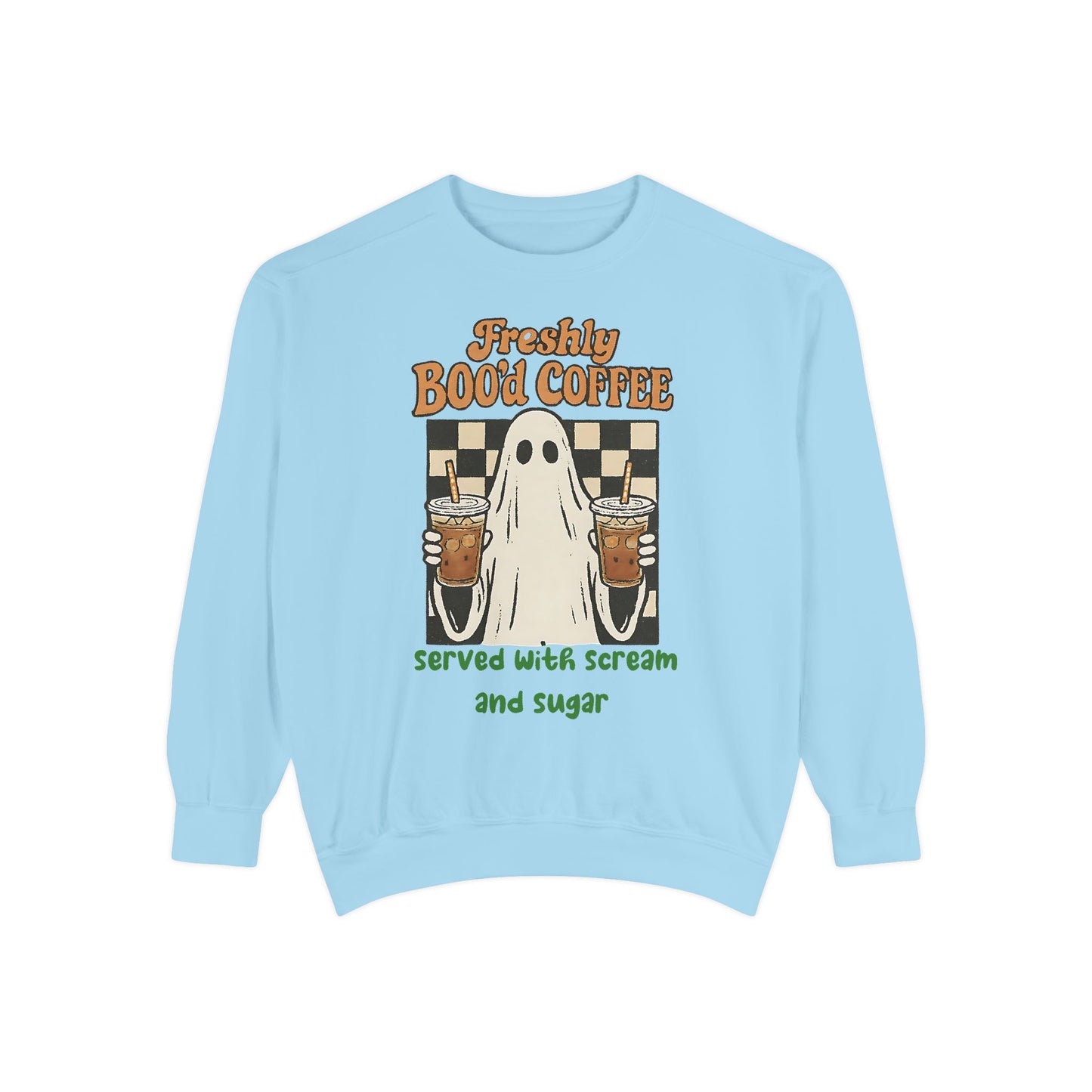 Freshly Boo’d Coffee Comfort Colors® Sweatshirt – Halloween Ghost Coffee Lover Oversized Crewneck