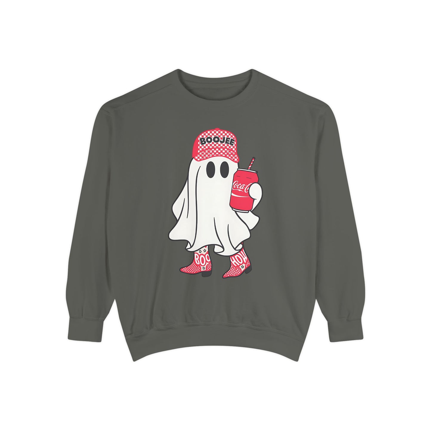Boojee Ghost Comfort Colors® Sweatshirt – Coca-Cola Red Hat & Boots Halloween Oversized Crewneck