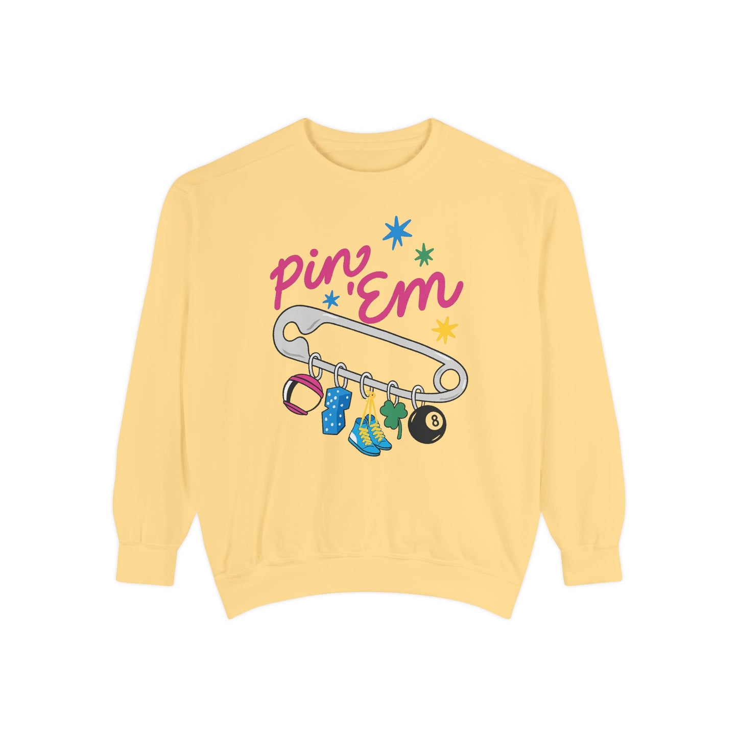Pin ’Em Comfort Colors® Sweatshirt – Retro Safety Pin Charm Crewneck