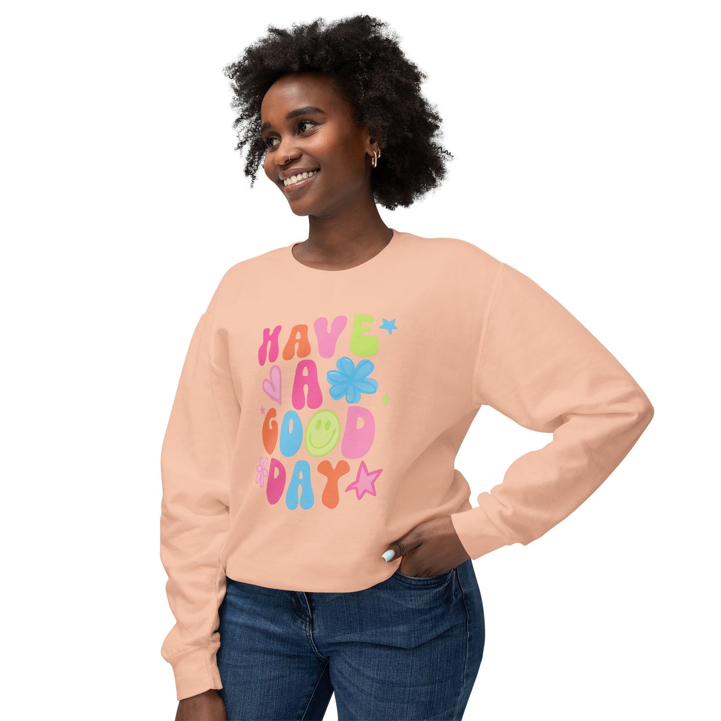 Happy Vibes Sweatshirt: Unisex Lightweight Crewneck, Casual Wear, Gift for Friends, Birthday, Everyday Comfort, Positive Message