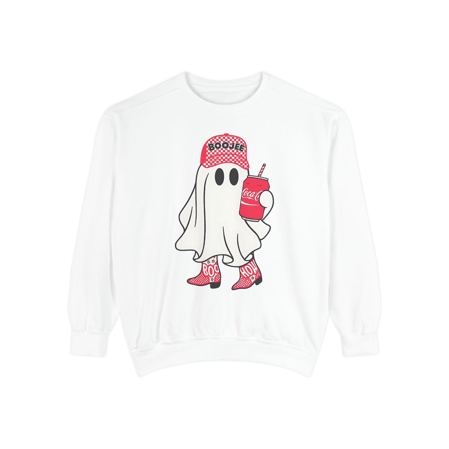 Boojee Ghost Comfort Colors® Sweatshirt – Coca-Cola Red Hat & Boots Halloween Oversized Crewneck