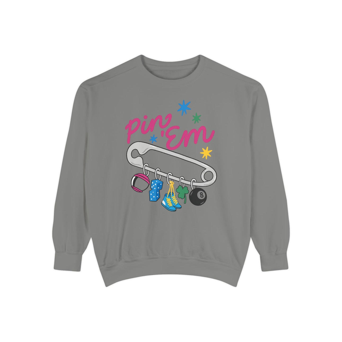 Pin ’Em Comfort Colors® Sweatshirt – Retro Safety Pin Charm Crewneck
