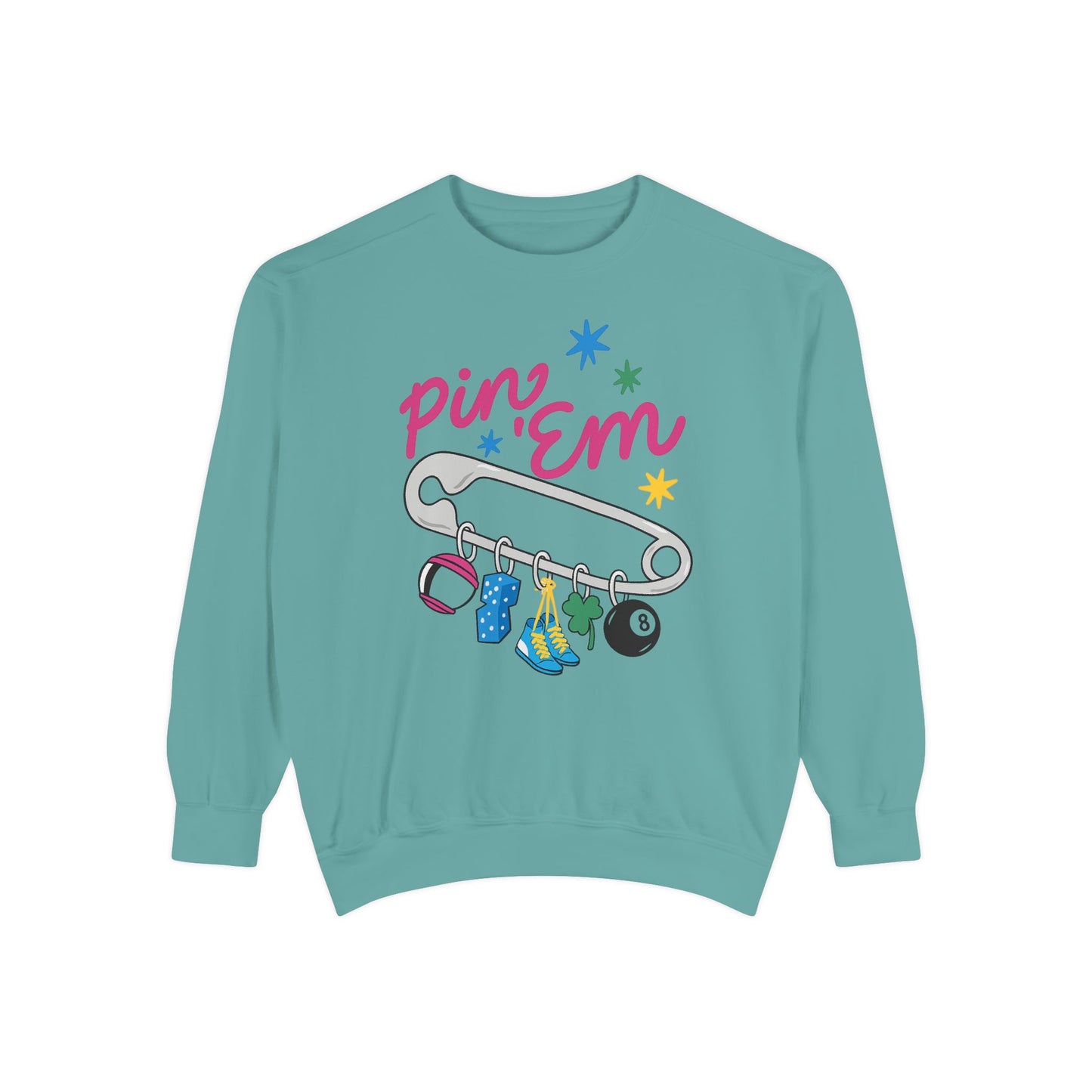 Pin ’Em Comfort Colors® Sweatshirt – Retro Safety Pin Charm Crewneck