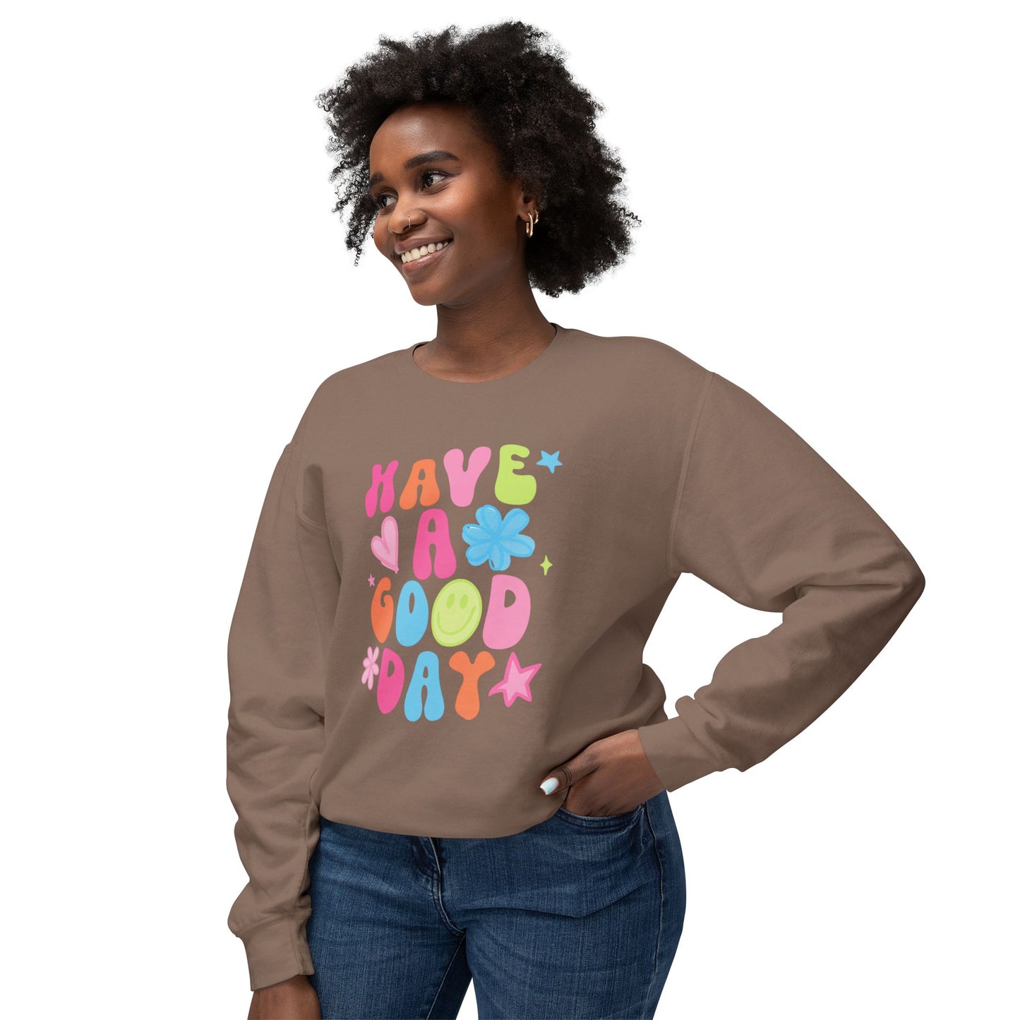 Happy Vibes Sweatshirt: Unisex Lightweight Crewneck, Casual Wear, Gift for Friends, Birthday, Everyday Comfort, Positive Message