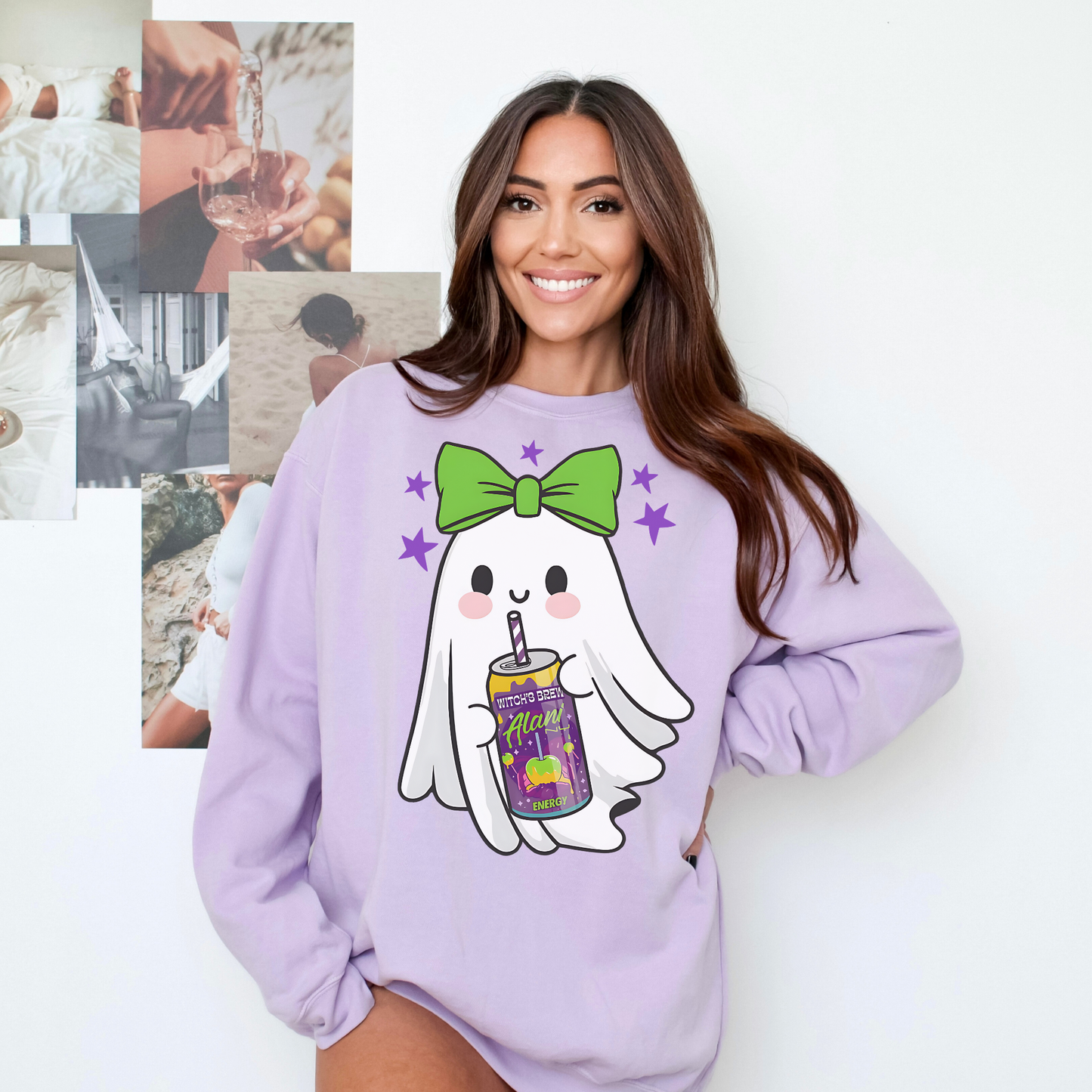Green Bow Ghost Halloween Comfort Colors® Sweatshirt – Cute Spooky Season Crewneck