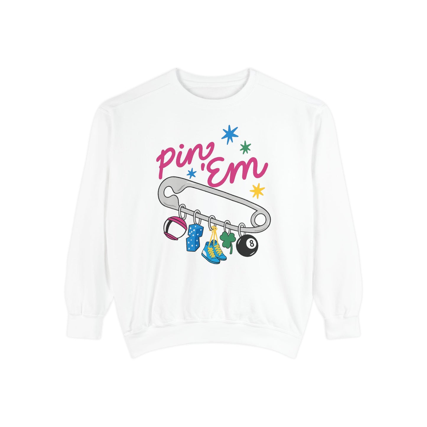 Pin ’Em Comfort Colors® Sweatshirt – Retro Safety Pin Charm Crewneck