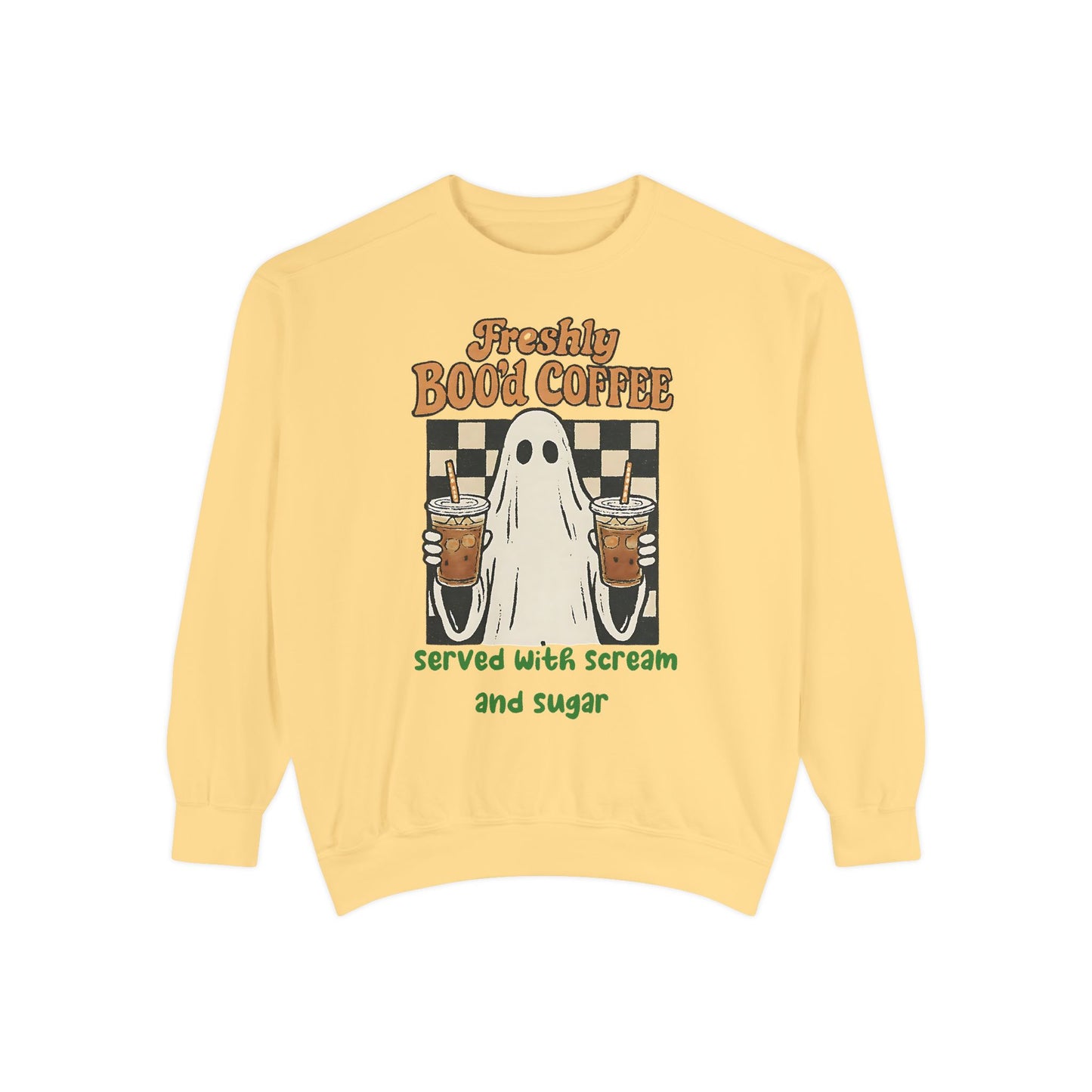 Freshly Boo’d Coffee Comfort Colors® Sweatshirt – Halloween Ghost Coffee Lover Oversized Crewneck