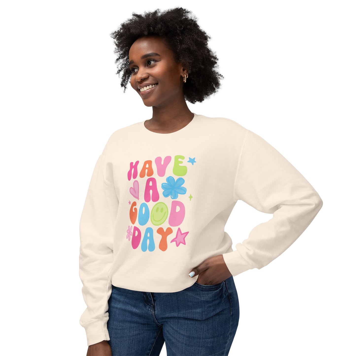 Happy Vibes Sweatshirt: Unisex Lightweight Crewneck, Casual Wear, Gift for Friends, Birthday, Everyday Comfort, Positive Message