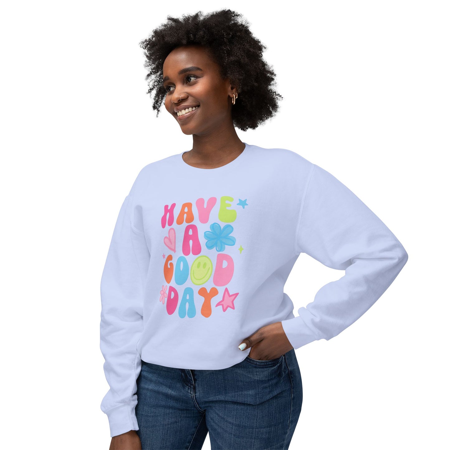 Happy Vibes Sweatshirt: Unisex Lightweight Crewneck, Casual Wear, Gift for Friends, Birthday, Everyday Comfort, Positive Message