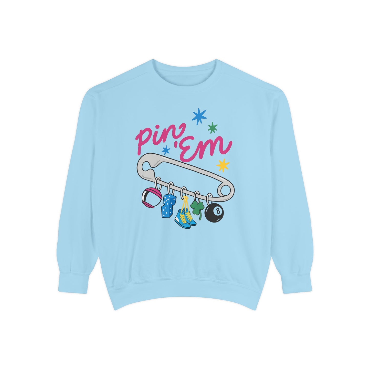 Pin ’Em Comfort Colors® Sweatshirt – Retro Safety Pin Charm Crewneck