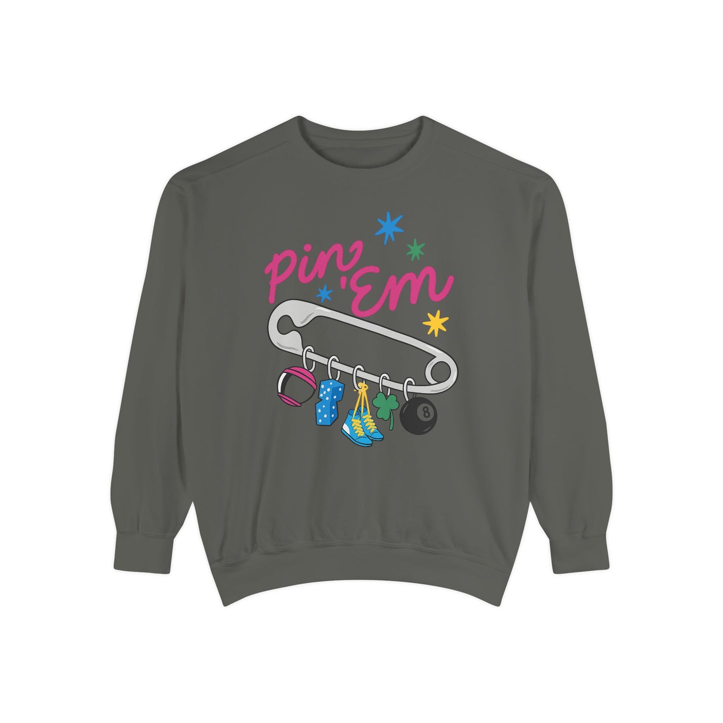Pin ’Em Comfort Colors® Sweatshirt – Retro Safety Pin Charm Crewneck