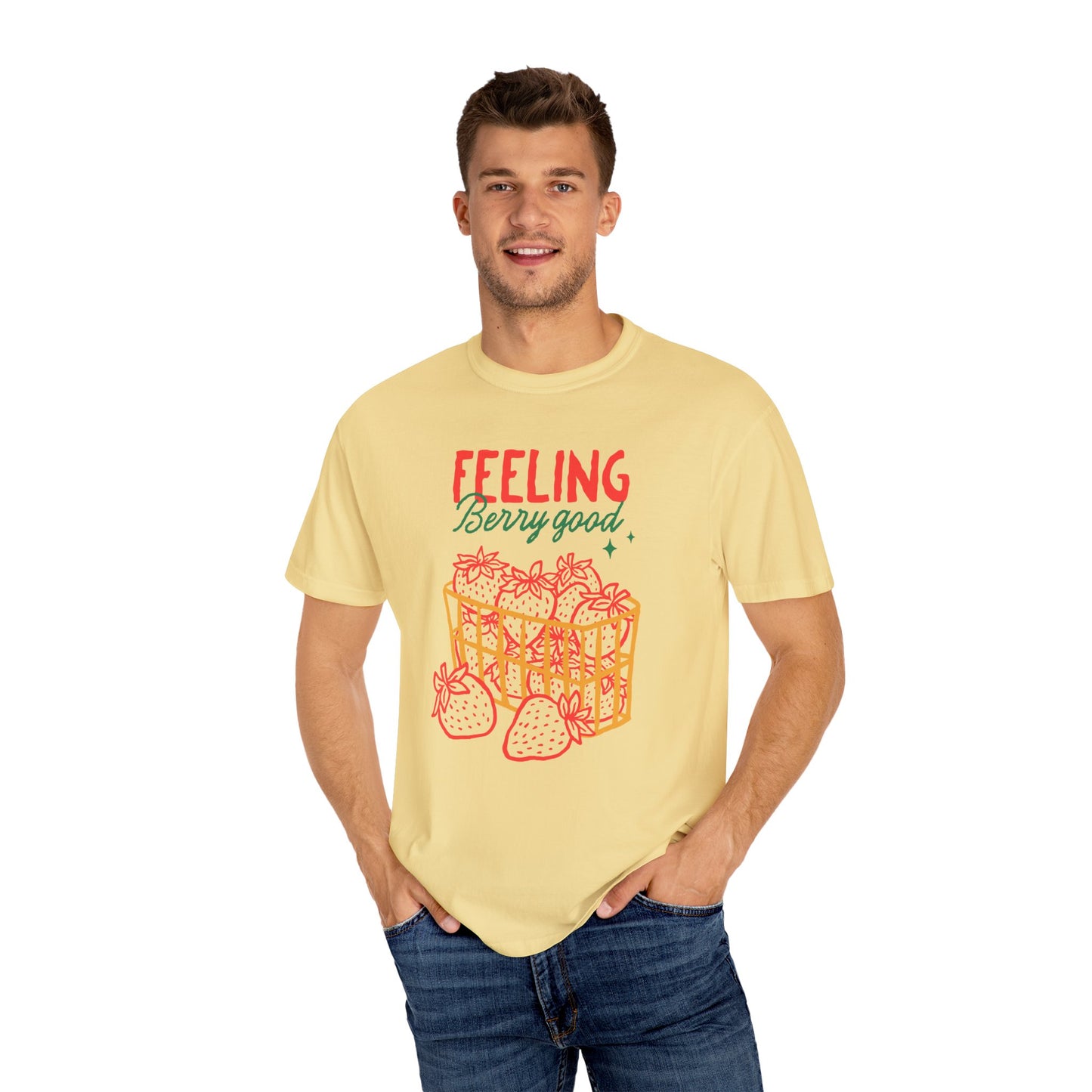Feeling Berry Good T-Shirt, Cute Summer Tee, Unisex Garment-Dyed Tee, Strawberry Graphic Shirt, Gift for Berry Lovers, Casual Wear