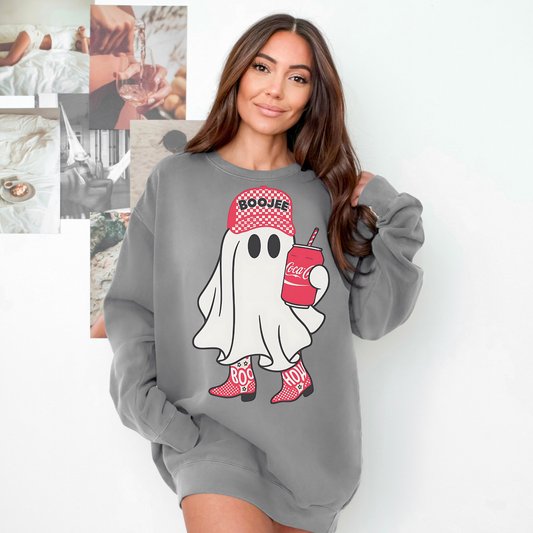 Boojee Ghost Comfort Colors® Sweatshirt – Coca-Cola Red Hat & Boots Halloween Oversized Crewneck