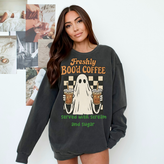 Freshly Boo’d Coffee Comfort Colors® Sweatshirt – Halloween Ghost Coffee Lover Oversized Crewneck
