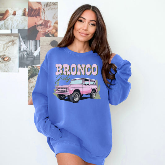 Comfort Colors® Bronco Girly Crewneck Sweatshirt – Vintage Pink Bronco Graphic, Oversized Cozy Fit
